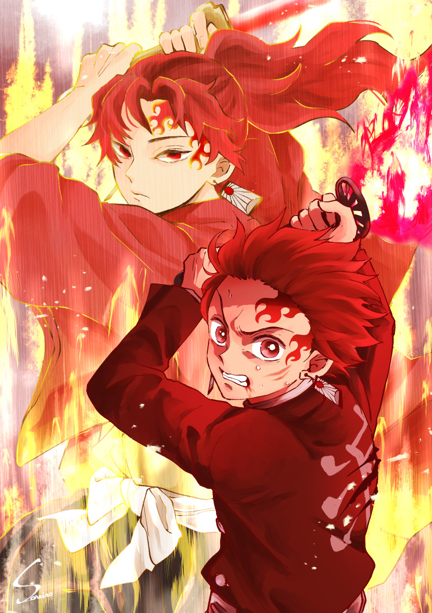 2boys absurdres blood blood_from_mouth clenched_teeth closed_mouth demon_slayer_uniform floating_hair hanafuda_earrings highres holding holding_sword holding_weapon jacket japanese_clothes kamado_tanjirou katana kimetsu_no_yaiba kimono long_hair long_sleeves male_focus multiple_boys ponytail red_eyes red_hair red_jacket red_kimono scar_on_head short_hair sky_blue_025250 sword teeth tsugikuni_yoriichi weapon