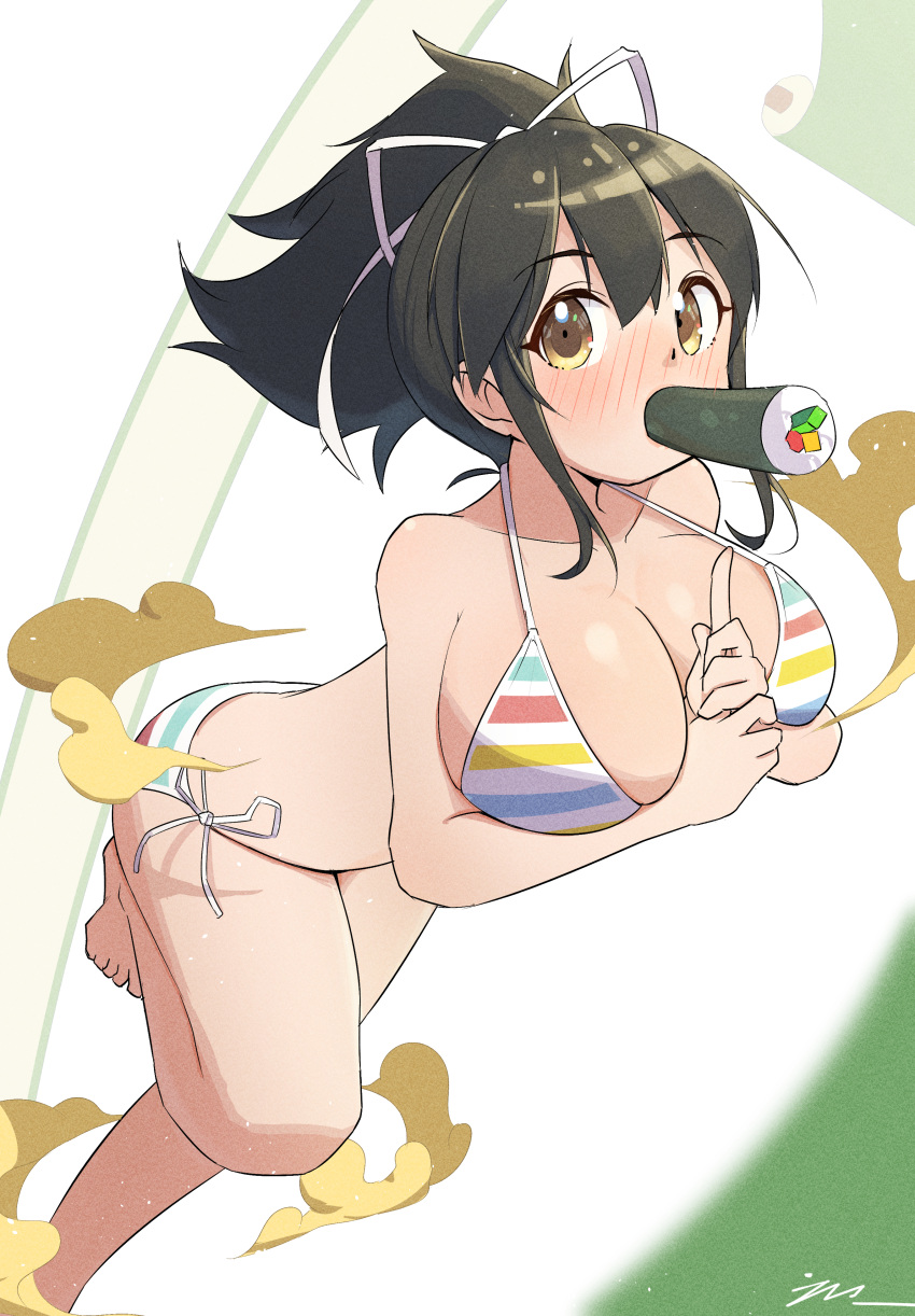 1girl absurdres asuka_(senran_kagura) barefoot bikini black_hair blush breasts brown_eyes cleavage collarbone ehoumaki emma_(3one3o) fish food food_in_mouth hair_ribbon hand_gesture happy_birthday highres kuji-in large_breasts looking_at_viewer makizushi micro_bikini multicolored_bikini multicolored_clothes multicolored_stripes ninja nose_blush ponytail rainbow_bikini ribbon rice scroll senran_kagura senran_kagura_shoujo-tachi_no_shin'ei short_hair short_ponytail side-tie_bikini_bottom simple_background smoke solo string_bikini striped striped_bikini sushi swimsuit white_background white_ribbon