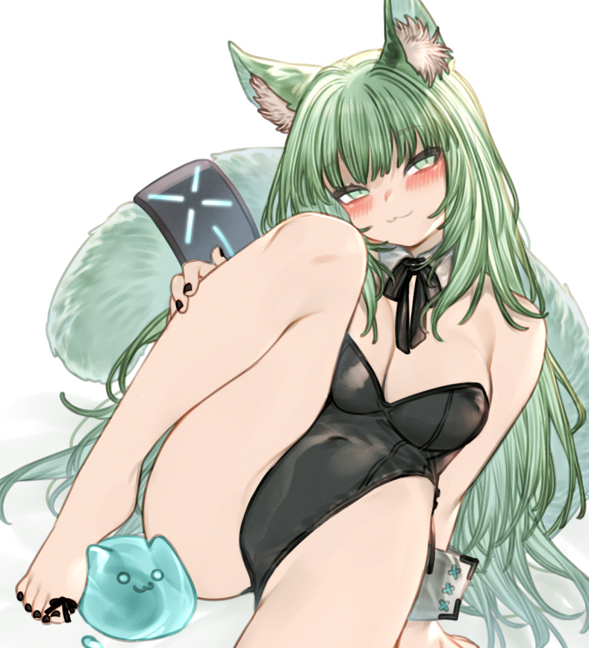 1girl :3 animal_ear_fluff animal_ears arknights barefoot black_leotard blush breasts cat_ears cat_girl cat_tail detached_collar green_eyes green_hair harmonie_(arknights) highleg highleg_leotard highres kochiya_(gothope) leotard long_hair looking_at_viewer medium_breasts solo strapless strapless_leotard tail white_background wrist_cuffs