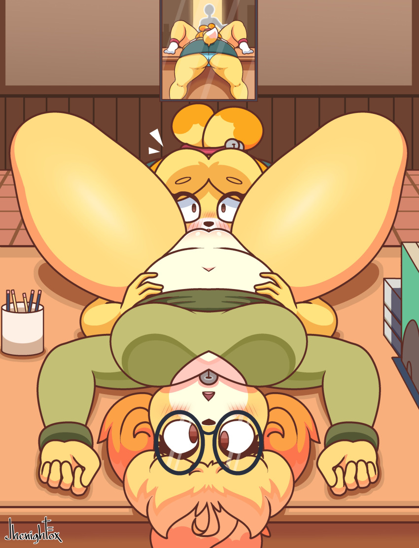 absurd_res animal_crossing anon anthro blush bottomless bottomless_anthro bottomless_female bottomwear butt canid canine canis clothed clothing cunnilingus derp_eyes derpybelle domestic_dog emanata eyewear female female/female genitals glasses hi_res isabelle_(animal_crossing) jhenightfox lying mammal mirror nintendo on_back oral panties pussy selfcest sex shih_tzu skirt square_crossover thick_thighs toy_dog underwear vaginal