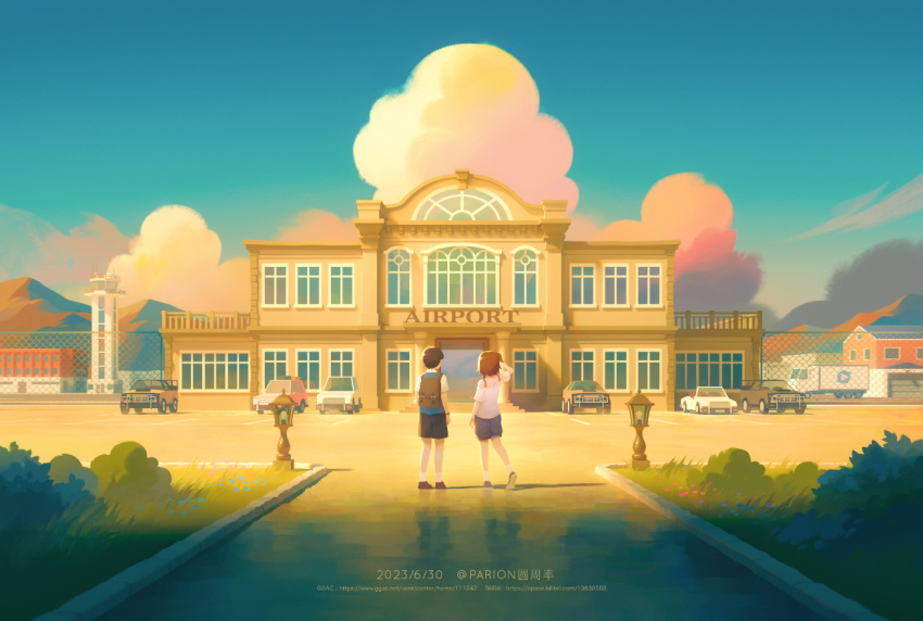 1boy 1girl airport artist_name backpack bag blue_sky brown_hair building bush car child cloud colin_reeds dated day faye_(finding_paradise) fence finding_paradise grass medium_hair motor_vehicle outdoors parion short_hair shorts sky socks standing web_address