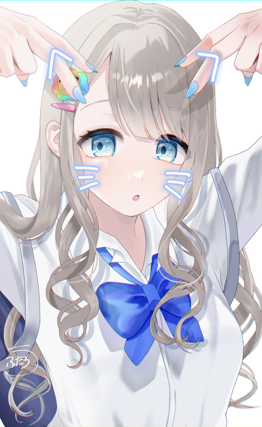 1girl :o absurdres animal_ears arms_up bag bent_v blue_bow blue_bowtie blue_eyes blush bow bowtie double_v fake_animal_ears fake_whiskers fingernails grey_hair gyaru highres idolmaster idolmaster_shiny_colors kogal looking_at_viewer loose_bowtie nail_polish school_bag school_uniform serizawa_asahi shirt simple_background solo upper_body utatarou v wavy_hair white_background white_shirt