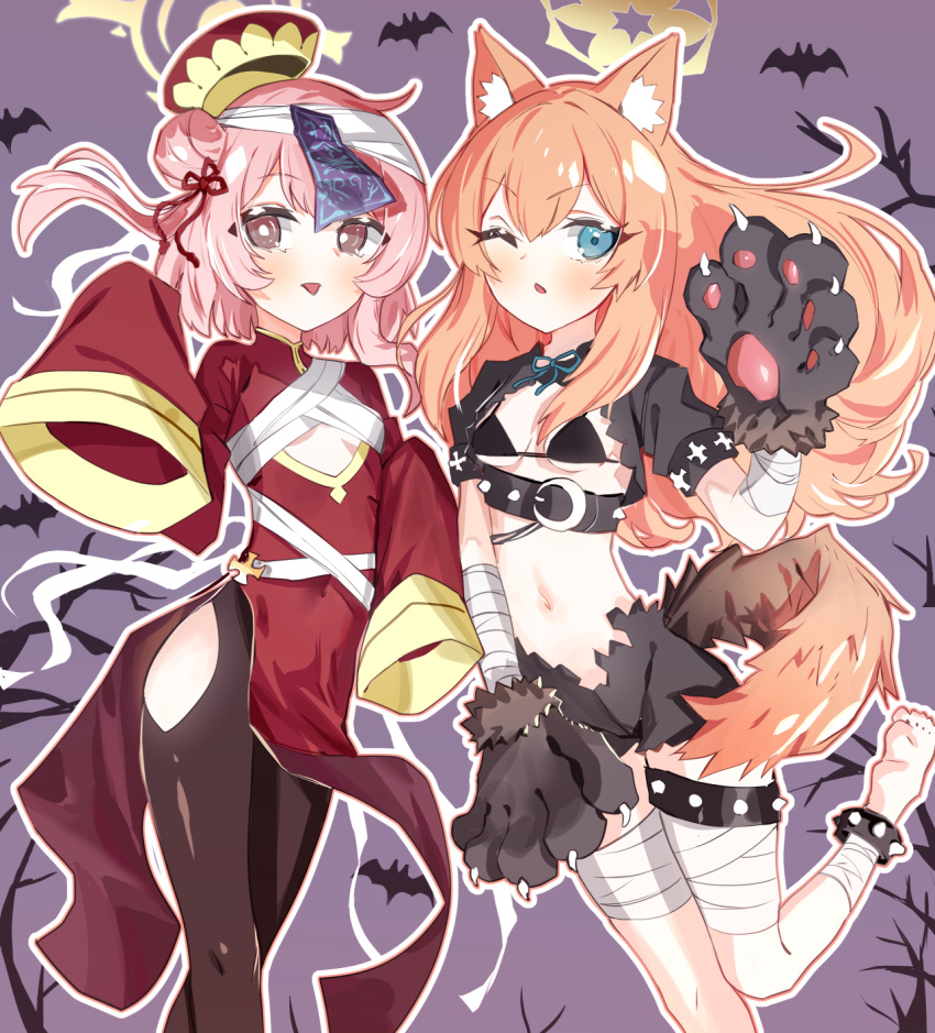 2girls animal_ear_fluff animal_ears animal_hands black_gloves black_pantyhose blue_archive blue_eyes breasts gloves hair_bun halloween halloween_costume halo highres long_hair mari_(blue_archive) multiple_girls orange_hair pantyhose paw_gloves pink_eyes pink_hair ryoma_(rym_369) serina_(blue_archive) short_sleeves single_hair_bun sleeves_past_fingers sleeves_past_wrists small_breasts yellow_halo