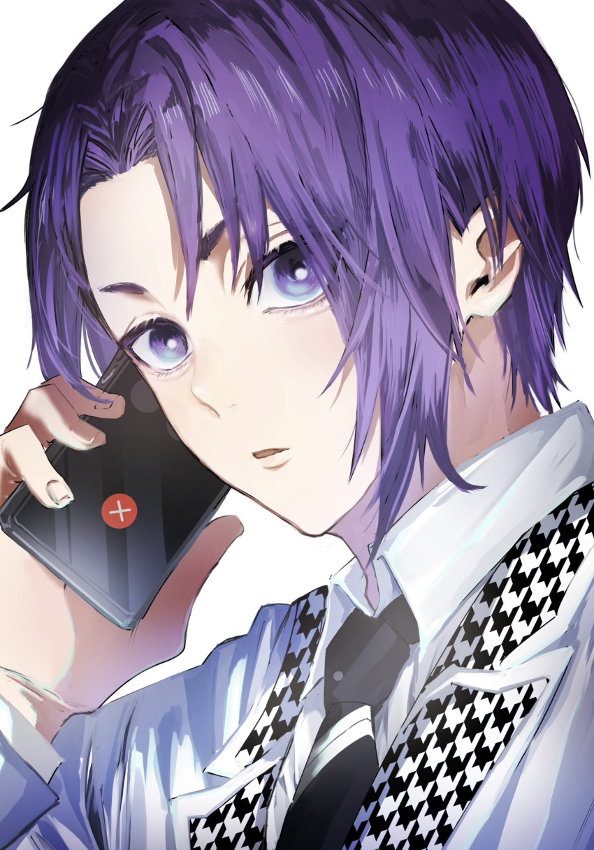 1boy 58hrprtr blue_lock bright_pupils collared_shirt commentary fingernails highres holding holding_phone lapels long_sleeves looking_at_viewer male_focus mikage_reo necktie notched_lapels parted_lips phone purple_eyes purple_hair school_uniform shirt short_hair simple_background solo talking_on_phone upper_body white_background white_pupils