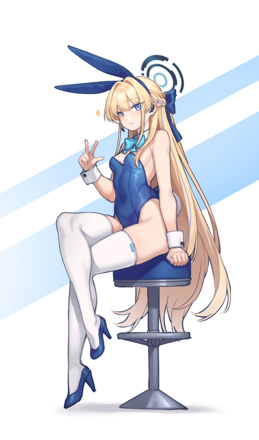 1girl absurdres animal_ears arm_support bare_shoulders blonde_hair blue_archive blue_background blue_bow blue_bowtie blue_eyes blue_footwear blue_hair blue_hairband blue_leotard blue_theme blush bow bowtie braid breasts closed_mouth commentary_request covered_navel crossed_legs detached_collar earpiece elomil expressionless eyelashes fake_animal_ears fake_tail full_body hair_between_eyes hair_bow hair_intakes hairband halo hand_up headset high_heels highleg highleg_leotard highres korean_commentary leotard long_hair looking_at_viewer microphone mixed-language_commentary multicolored_hair official_alternate_costume on_stool playboy_bunny rabbit_ears rabbit_girl rabbit_tail revision shoes sidelocks simple_background sitting small_breasts solo stool strapless strapless_leotard streaked_hair tail thighhighs thighs toki_(blue_archive) toki_(bunny)_(blue_archive) very_long_hair w white_background white_thighhighs wing_collar wrist_cuffs