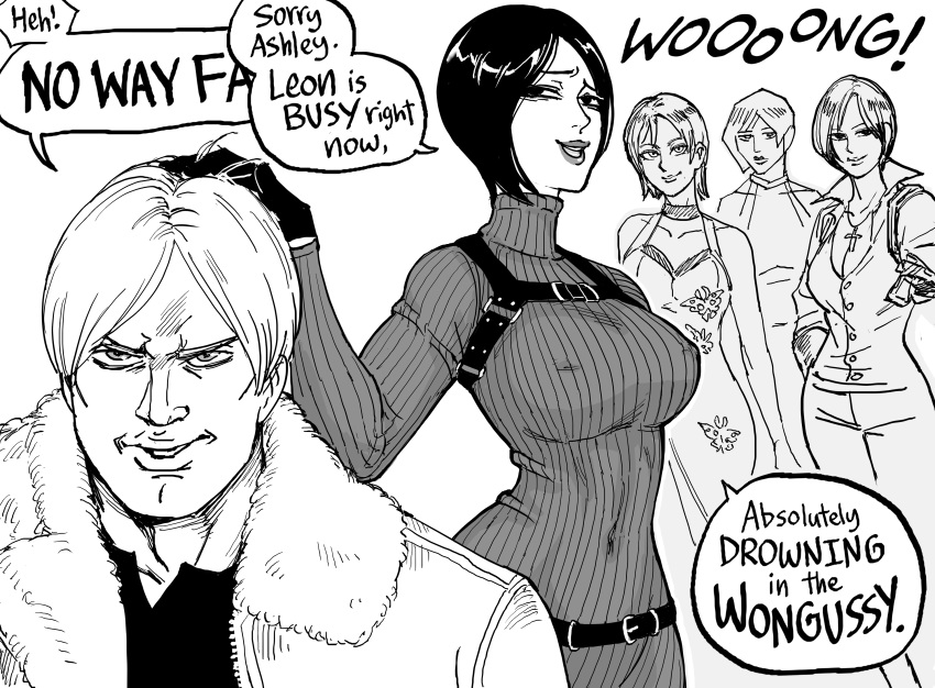 1boy 4girls absurdres ada_wong bb_(baalbuddy) black_hair breasts covered_navel english_text fur_collar highres jacket large_breasts leon_s._kennedy meme multiple_girls navel no_way_fag_(meme) open_clothes open_jacket resident_evil resident_evil_2 resident_evil_2_(remake) resident_evil_4 resident_evil_4_(remake) resident_evil_6 shaded_face short_hair simple_background speech_bubble talking white_background