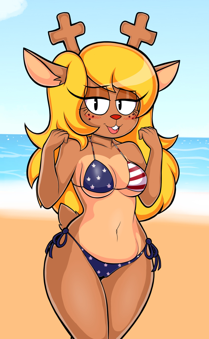 absurd_res anthro beach bikini bikini_bottom bikini_top blackmore blonde_hair blush breasts clothing deer deltarune female hair hi_res mammal navel new_world_deer noelle_holiday reindeer seaside solo stars_and_stripes swimwear tail undertale_(series) united_states_of_america water