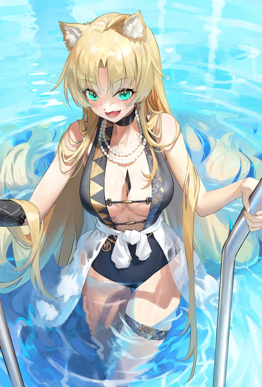 1girl animal_ears arknights blonde_hair blush breasts choker cleavage fang fox_ears fox_girl green_eyes hand_on_railing highres jewelry large_breasts light_blush long_hair looking_at_viewer necklace open_mouth pearl_necklace pool solo swimsuit swire_(arknights) swire_the_elegant_wit_(arknights) teeth thigh_strap thighs ttk_(kirinottk) very_long_hair water