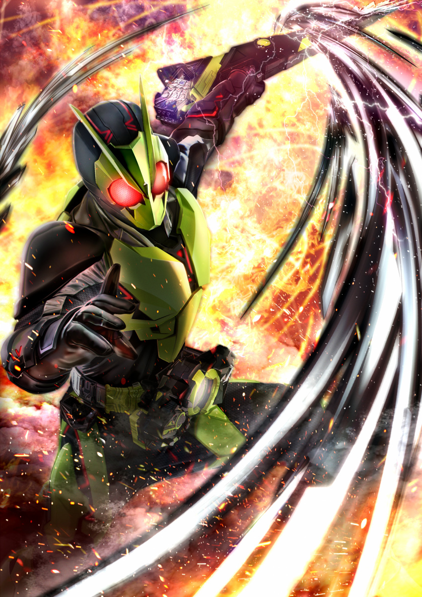 1boy attache_calibur attack black_gloves bug driver_(kamen_rider) explosion finishing_move gloves glowing glowing_eyes grasshopper green_armor highres holding holding_sword holding_weapon kamen_rider kamen_rider_01_(series) kamen_rider_zero-one masukudo_(hamamoto_hikaru) red_eyes rider_belt slashing spread_legs sword thighs tokusatsu weapon zero_one_driver