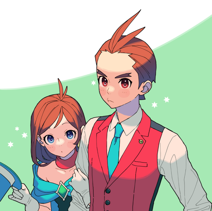 1boy 1girl :o ace_attorney antenna_hair apollo_justice aqua_necktie arm_hug blue_cape blue_eyes blue_headwear blush_stickers breast_pocket brother_and_sister brown_eyes brown_hair buttons cape collared_shirt dot_mouth forked_eyebrows gem gloves green_background green_gemstone half-siblings hat headwear_removed hexagram holding holding_clothes holding_hat lapel_pin lapels looking_at_viewer medium_hair necktie nostrils ouse_(otussger) pocket pout red_scarf red_vest scarf shirt short_hair siblings swept_bangs top_hat trucy_wright upper_body vest white_gloves white_shirt