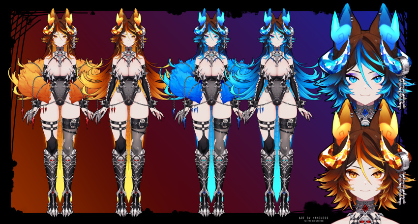 absurdres animal_ears artist_name black_leotard black_thighhighs blonde_hair blue_eyes blue_hair boots breasts brown_hair chain choker cleavage coat demon_horns facing_viewer fox_ears fur_coat hair_ornament head_only highres horns indie_virtual_youtuber large_breasts leotard long_hair looking_at_viewer multicolored_hair nanoless official_art orange_eyes sinder_(vtuber) sinder_(vtuber)_(2nd_costume) skull thigh_boots thigh_strap thighhighs torn_clothes torn_thighhighs twitter_username