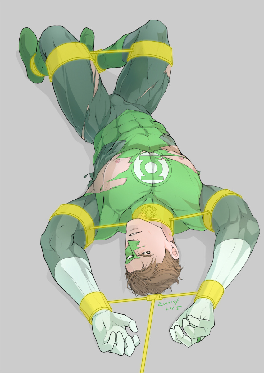 1boy artist_name bara black_bodysuit bodysuit boots bound bound_arms bound_legs bound_wrists brown_hair covered_abs dc_comics domino_mask evinist gloves green_bodysuit green_lantern green_lantern_(series) grey_background hal_jordan highres jewelry large_pectorals male_focus mask muscular muscular_male nipples pectorals restrained ring short_hair simple_background solo thick_thighs thighs torn_bodysuit torn_clothes torn_mask two-tone_bodysuit white_gloves