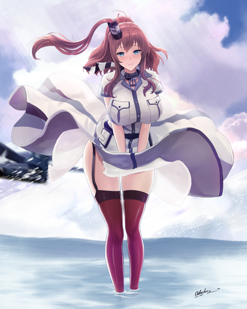 1girl absurdres beach blue_eyes blush breast_pocket breasts brown_hair cloud cloudy_sky commentary_request day dress hair_between_eyes hair_ornament high_side_ponytail highres kantai_collection large_breasts long_hair looking_at_viewer neckerchief odachu outdoors pocket ponytail red_neckerchief red_thighhighs saratoga_(kancolle) saratoga_mk_ii_(kancolle) side_ponytail signature sky smile smokestack smokestack_hair_ornament solo thighhighs water white_dress wind