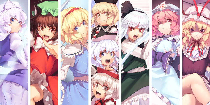 &gt;:) 6+girls :d absurdres alice_margatroid animal_ears arm_garter ass black_bow black_hairband black_headwear black_ribbon black_vest blonde_hair bloomers blue_bow blue_dress blue_eyes blue_headwear blue_ribbon blue_skirt blue_vest blunt_bangs bow bowtie brown_eyes brown_hair capelet cat_ears cat_tail center_frills chen choker column_lineup commentary_request cowboy_shot crossed_legs dress fangs feet_out_of_frame fingernails frilled_bow frilled_shirt_collar frills from_behind green_headwear green_skirt green_vest hair_ornament hair_ribbon hairband hand_up hat hat_ribbon head_tilt highres holding holding_sword holding_weapon juliet_sleeves kaiza_(rider000) katana konpaku_youmu letty_whiterock long_hair long_sleeves looking_back lunasa_prismriver lyrica_prismriver merlin_prismriver mob_cap multiple_girls nail_polish neck_ribbon open_mouth outstretched_arms pants perfect_cherry_blossom petticoat pink_bow pink_eyes pink_hair pink_headwear pink_ribbon puffy_short_sleeves puffy_sleeves puppet_strings purple_bow purple_dress purple_eyes purple_sash red_choker red_dress red_hairband red_headwear red_nails red_ribbon red_vest ribbon ribbon_choker ribbon_trim saigyouji_yuyuko sash sharp_fingernails shirt short_hair short_sleeves siblings sisters sitting skirt skirt_set smile sword tail touhou triangular_headpiece umbrella underwear v-shaped_eyebrows very_long_hair vest weapon white_bloomers white_bow white_bowtie white_capelet white_hair white_headwear white_pants white_shirt yakumo_yukari yellow_eyes