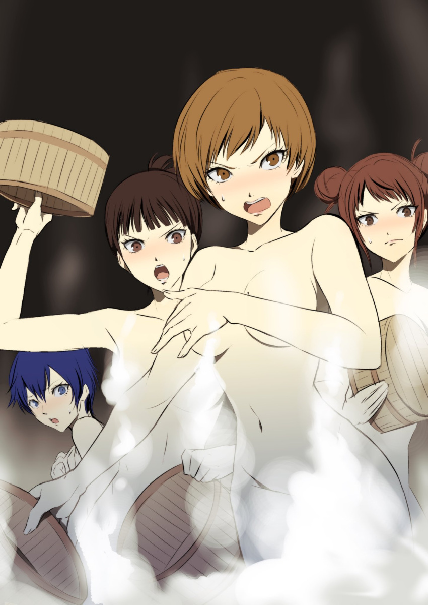 4girls amagi_yukiko angry arm_up armpits blue_eyes blue_hair blunt_bangs blush breasts brown_hair closed_mouth convenient_censoring covering_breasts covering_privates cowboy_shot double_bun hair_between_eyes hair_bun hair_up hands_up highres holding igusaharu kujikawa_rise light_brown_hair medium_breasts multiple_girls navel nude onsen open_mouth parted_bangs persona persona_4 satonaka_chie shadow shirogane_naoto short_hair sidelocks steam steam_censor stomach sweatdrop teeth upper_teeth_only v-shaped_eyebrows