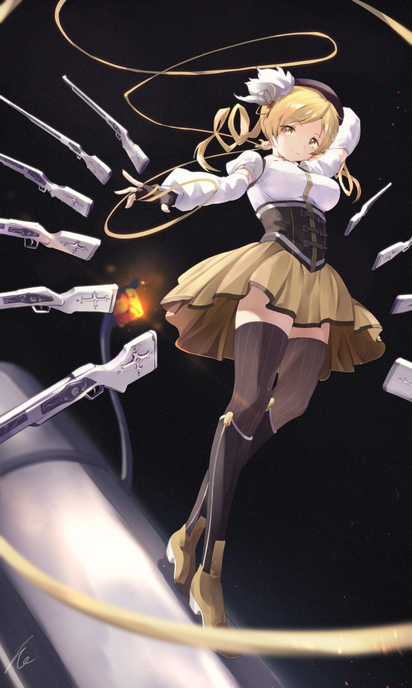 1girl absurdres beret black_gloves black_headwear blonde_hair breasts brown_thighhighs corset detached_sleeves drill_hair fingerless_gloves full_body gloves gun hat highres magia_record:_mahou_shoujo_madoka_magica_gaiden magical_girl magical_musket mahou_shoujo_madoka_magica medium_breasts pleated_skirt puffy_sleeves short_hair skirt smile solo standing striped striped_thighhighs taka.yana thighhighs tomoe_mami twin_drills twintails vertical-striped_thighhighs vertical_stripes weapon yellow_eyes yellow_skirt