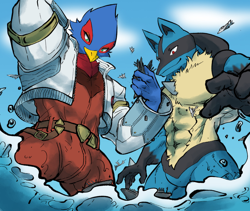 abs aircraft airplane ambiguous_gender anthro avian beak blue_body canid canine clothing destruction duo falco_lombardi generation_4_pokemon hi_res jet lucario macro male mammal nintendo pecs pokemon pokemon_(species) ryeono_kemo sea ship spines star_fox vehicle water watercraft