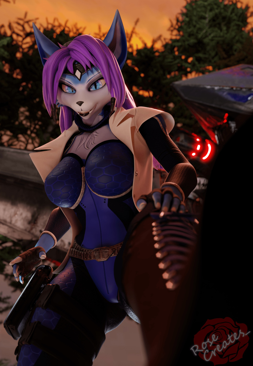 absurd_res anthro arwing belt blender_(software) blue_body blue_fur boots breasts canid canine clothed clothing female flight_suit footwear fox fur gun hair handgun handwear hi_res holster jumpsuit krystal kursed_(star_fox) laced_boots laces lipstick looking_at_viewer low-angle_view makeup mammal nintendo pistol purple_hair ranged_weapon rosecreates rubber rubber_clothing rubber_suit smile solo spacecraft star_fox stomping stomping_viewer topwear vehicle weapon white_body white_fur