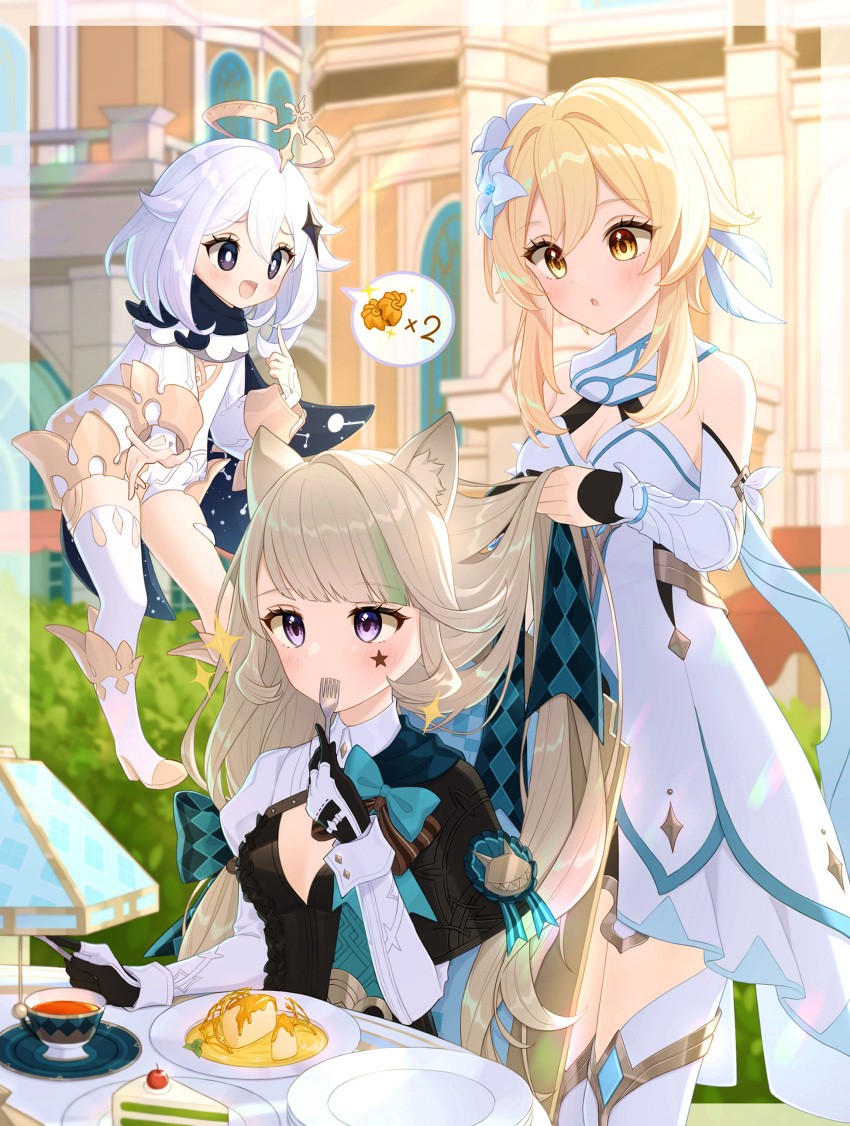 3girls :d :o absurdres animal_ear_fluff animal_ears aqua_bow aqua_bowtie award_ribbon black_cape black_capelet black_eyes black_gloves black_leotard blonde_hair blunt_bangs blurry blurry_background blush boots border bow bowtie breasts bright_pupils brown_bow brown_bowtie building bush cake cake_slice cape capelet cat_ears cat_girl cherry cleavage closed_mouth commentary_request cup desk_lamp dress eyelashes facial_mark fingerless_gloves flower flying food fork fruit genshin_impact gloves gold_trim green_hair grey_hair hair_between_eyes hair_bow hair_flower hair_ornament halo hand_up highres holding holding_another's_hair holding_fork holding_hair holding_knife ile_flottante index_finger_raised juliet_sleeves knife lamp leotard long_hair long_sleeves lumine_(genshin_impact) lynette_(genshin_impact) madeleine medium_breasts medium_hair multicolored_hair multiple_girls neneko_sleep open_mouth outside_border paimon_(genshin_impact) plate puffy_sleeves purple_eyes raised_eyebrows saucer short_hair_with_long_locks shrug_(clothing) sidelocks single_thighhigh sitting sleeve_cuffs sleeveless sleeveless_dress smile sparkle speech_bubble standing star_(symbol) star_facial_mark star_hair_ornament table tea teacup thighhighs transparent_border two-tone_gloves tying_another's_hair vambraces very_long_hair white_cape white_dress white_flower white_footwear white_gloves white_hair white_pupils white_thighhighs wing_collar yellow_eyes