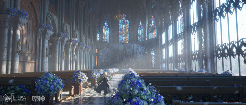 1girl absurdres bare_shoulders black_dress blonde_hair bouquet candle dress flower from_behind genshin_impact highres holding holding_bouquet lumine_(genshin_impact) scenery stained_glass void_0