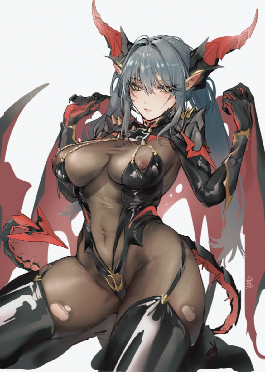1girl agaver123 armor azur_lane black_bodysuit black_footwear black_gloves black_thighhighs bodystocking bodysuit boots breasts cleavage covered_navel covered_nipples demon_horns demon_tail demon_wings dragon_girl elbow_gloves female_pubic_hair garter_straps gloves grey_hair hair_between_eyes highres horns impossible_bodysuit impossible_clothes kneeling large_breasts long_hair mechanical_horns mechanical_tail navel nipples pauldrons pointy_ears pubic_hair red_tail red_wings regensburg_(azur_lane) revealing_clothes see-through shoulder_armor simple_background skin_tight skindentation solo tail thighhighs torn_bodysuit torn_clothes twintails white_background wings yellow_eyes