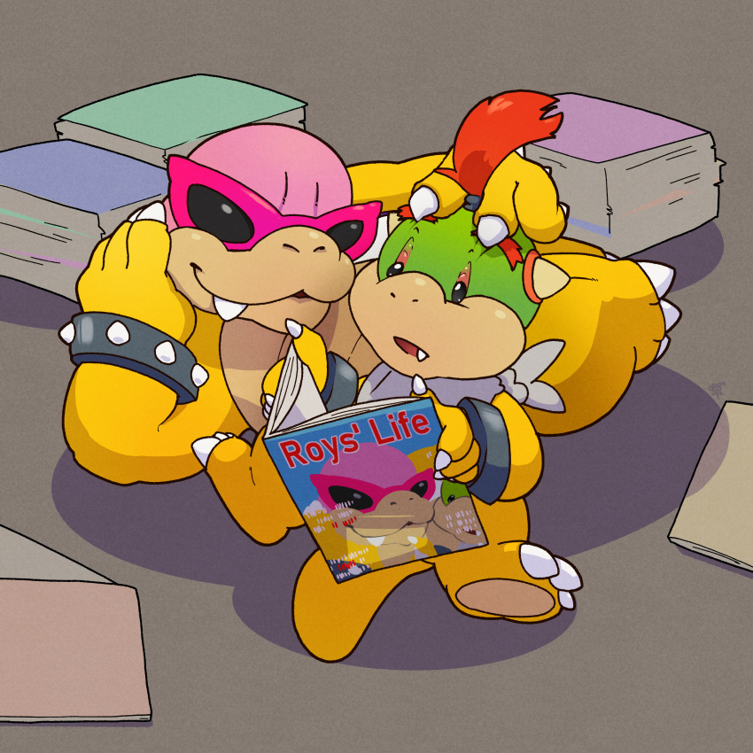 1:1 absurd_res argon_vile arm_support bandanna bowser_jr. bracelet eyelid_pull eyewear hand_on_head hi_res jewelry kerchief koopa koopaling leaning_on_elbow lying magazine male mario_bros nintendo on_side reading reading_magazine roy_koopa scalie sitting spiked_bracelet spikes sunglasses