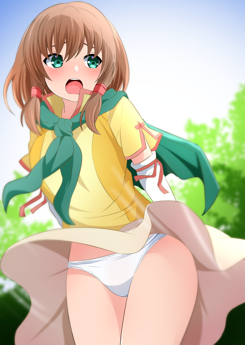 1girl absurdres blush brown_hair commission covering covering_ass cowboy_shot elbow_gloves embarrassed fire_emblem fire_emblem:_path_of_radiance gloves green_eyes hair_tubes highres kisaragi_setsu_(mssk8485) looking_back miniskirt mist_(fire_emblem) open_mouth outdoors panties pantyshot pixiv_commission scarf shirt short_hair short_sleeves skirt skirt_tug solo standing translation_request underwear upskirt white_gloves white_panties wind wind_lift yellow_shirt