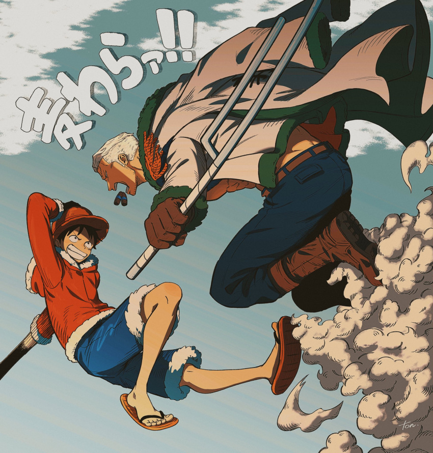 2boys cigar denim duel eye_contact facial_hair frown goatee_stubble grey_hair grin highres holding holding_weapon jeans long_sideburns looking_at_another male_focus mature_male midair monkey_d._luffy multiple_boys no_shirt one_piece pants pectoral_cleavage pectorals sandals short_hair sideburns smile smoke_manipulation smoker_(one_piece) stretched_limb stubble tonta_(tonta1231) translation_request weapon