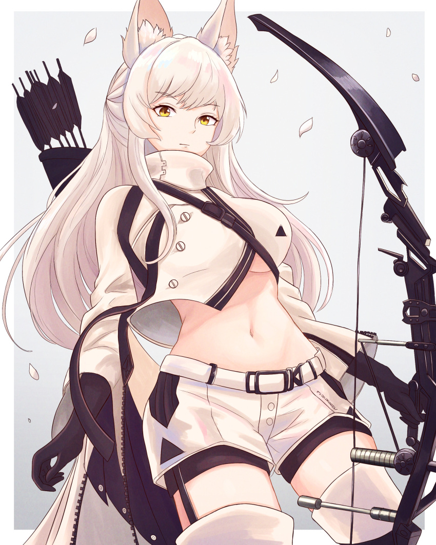 1girl absurdres animal_ear_fluff animal_ears arknights arrow_(projectile) black_gloves border bow_(weapon) breasts commentary commission cowboy_shot crop_top crop_top_overhang cropped_jacket gloves grey_background highres holding holding_bow_(weapon) holding_weapon jacket large_breasts long_hair looking_at_viewer midriff navel outside_border platinum_(arknights) quiver short_shorts shorts solo standing stomach truejekart very_long_hair weapon white_border white_hair white_jacket white_shorts yellow_eyes