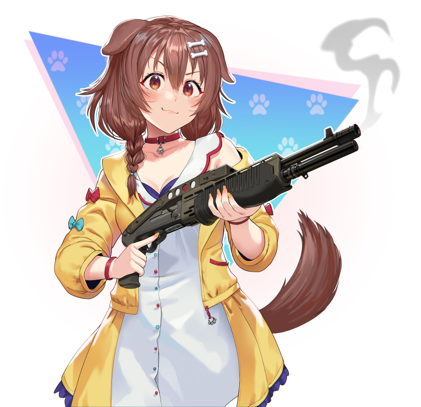 1girl animal_collar animal_ears blush bone_hair_ornament bra bra_peek braid breasts brown_eyes brown_hair cartoon_bone closed_mouth collar dog_ears dog_girl dog_tail gun hair_between_eyes hair_ornament highres holding holding_gun holding_weapon hololive inugami_korone jacket large_breasts long_hair looking_at_viewer low_twin_braids mathias_leth paw_print paw_print_background pump_action red_collar shotgun smoke smoking_gun solo spas-12 tail trigger_discipline twin_braids underwear virtual_youtuber weapon white_background yellow_jacket