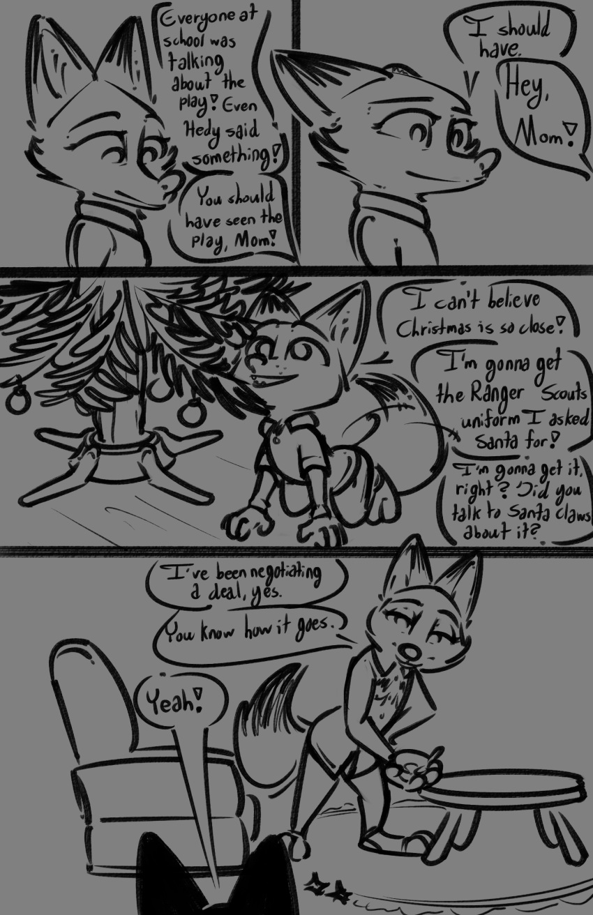 2022 anthro canid canine christmas christmas_tree comic dialogue disney female fox furniture hi_res holidays male mammal monochrome mother_(lore) mother_and_child_(lore) mother_and_son_(lore) mrs._wilde nick_wilde parent_(lore) parent_and_child_(lore) parent_and_son_(lore) plant red_fox sofa son_(lore) sparkles speech_bubble table tail tail_motion tailwag tangerine_(artist) tree young zootopia