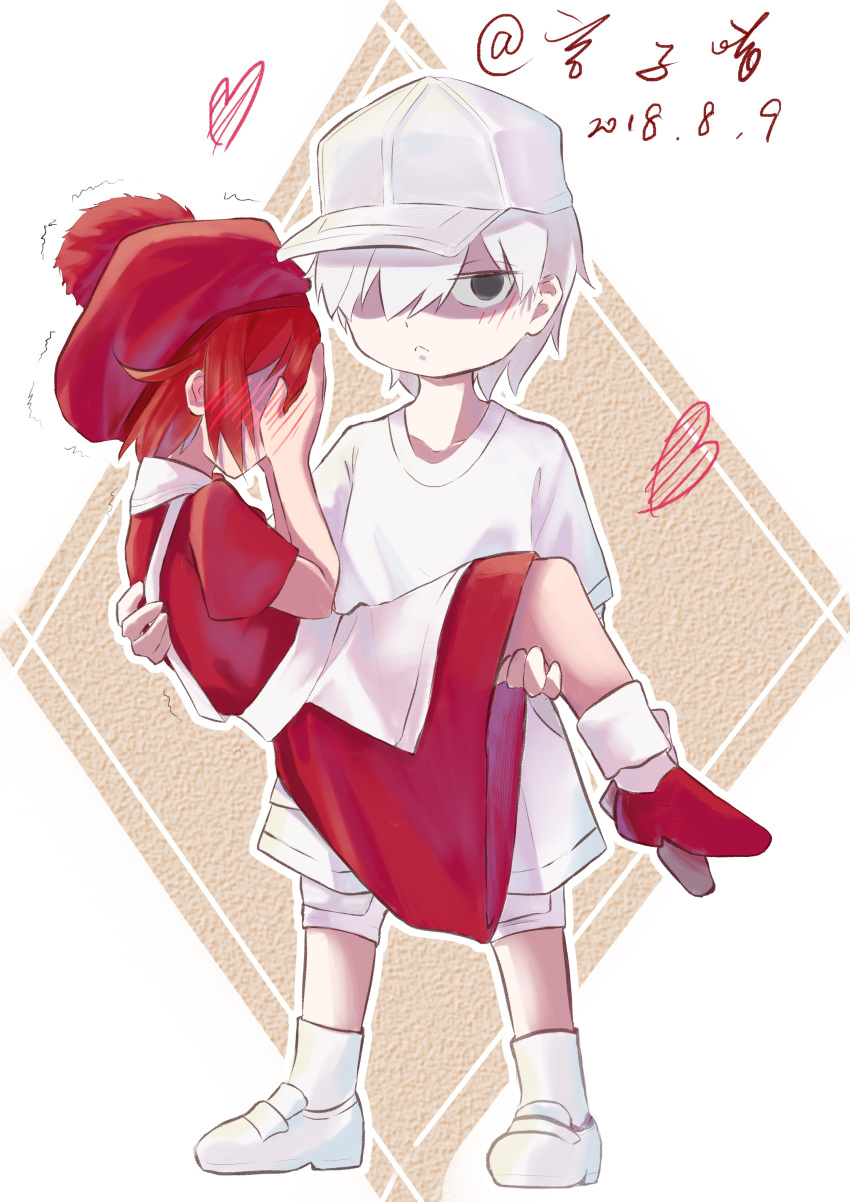 1boy 1girl :&lt; absurdres ae-3803 aged_down apron artist_name baseball_cap black_eyes blush brown_background carrying chinese_commentary closed_mouth collarbone colored_skin covering_face dated dress embarrassed erythroblast_(hataraku_saibou) full-face_blush full_body hair_over_one_eye hand_blush hand_on_another's_back hand_on_another's_leg hands_on_own_face hat hataraku_saibou heart highres jitome loafers longyanmiao looking_at_viewer myelocyte_(hataraku_saibou) pale_skin pom_pom_(clothes) princess_carry red_dress red_footwear red_hair red_headwear sanpaku shirt shoes short_hair short_sleeves shorts sidelocks signature socks t-shirt tam_o'_shanter trembling u-1146 very_short_hair white_apron white_footwear white_shirt white_shorts white_skin white_socks