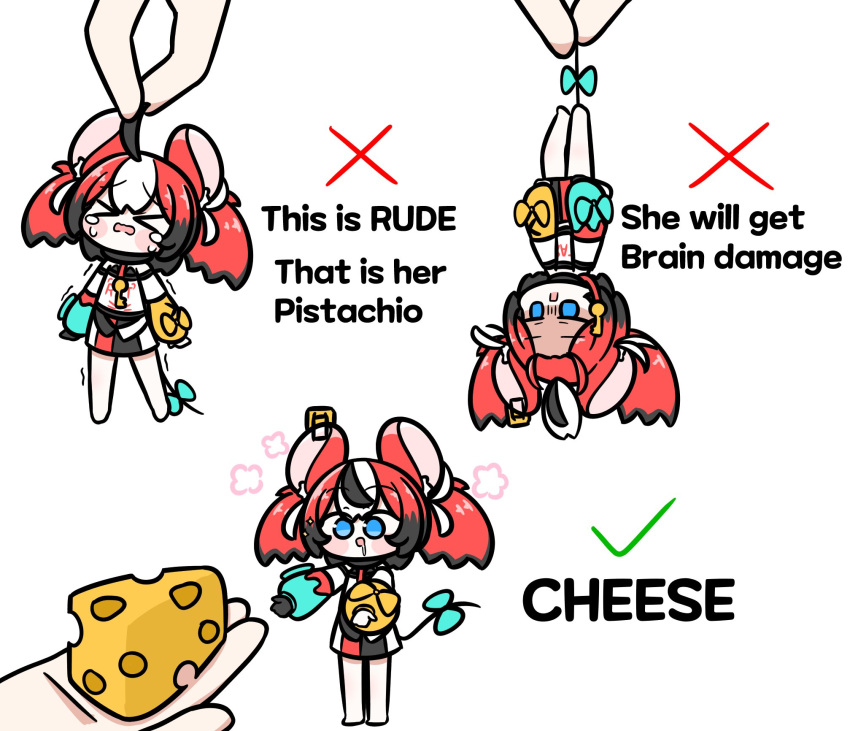 &gt;_&lt; &gt;o&lt; 1girl animal_ears bare_shoulders black_gloves black_hair blue_eyes bow checkmark cheese disembodied_limb english_text food gloves hakos_baelz highres hololive hololive_english how_to_hold_x_(meme) long_hair long_sleeves looking_at_viewer meme minigirl mouse_ears mouse_girl mouse_tail multicolored_hair red_hair single_glove streaked_hair tail tail_bow tail_ornament tensutensu twintails virtual_youtuber white_hair x