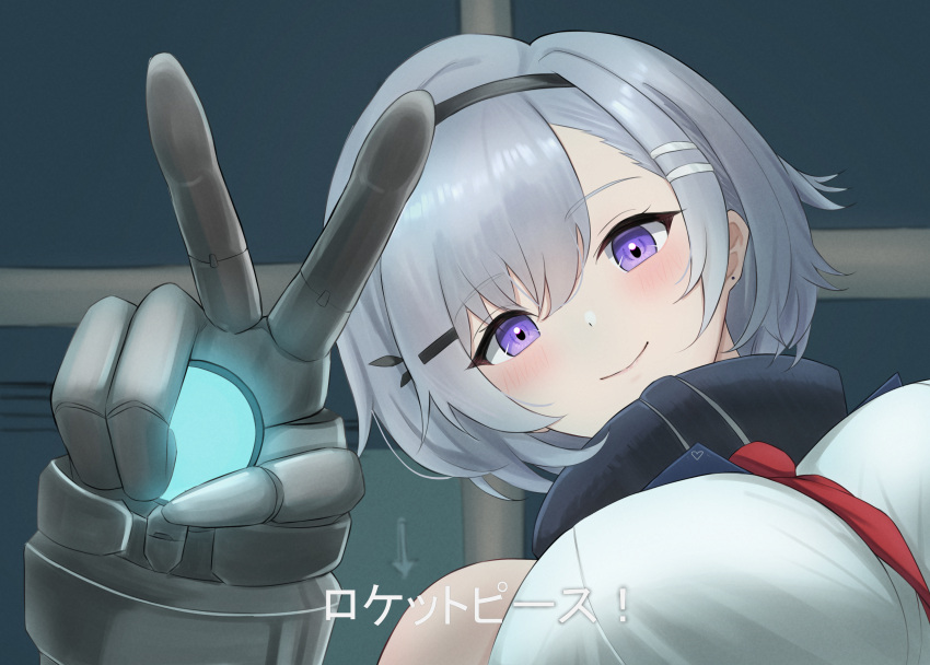 1girl absurdres azur_lane bare_shoulders black_hairband blush breasts commentary_request earrings gauntlets hair_ornament hair_over_one_eye hairband hairclip highres indoors jewelry large_breasts mechanical_gloves necktie purple_eyes red_necktie reno_(azur_lane) shirt short_hair smile solo soul_(dp11) translation_request upper_body v white_hair white_shirt