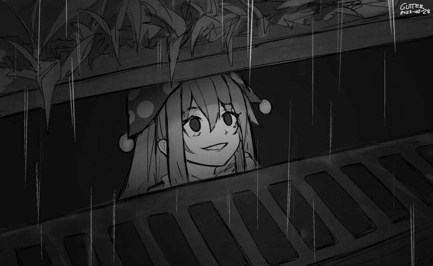 1girl chiroru_(cheese-roll) clownpiece commentary dated grate greyscale highres it_(stephen_king) long_hair monochrome parody polka_dot_headwear rain sewer sewer_grate smile solo touhou