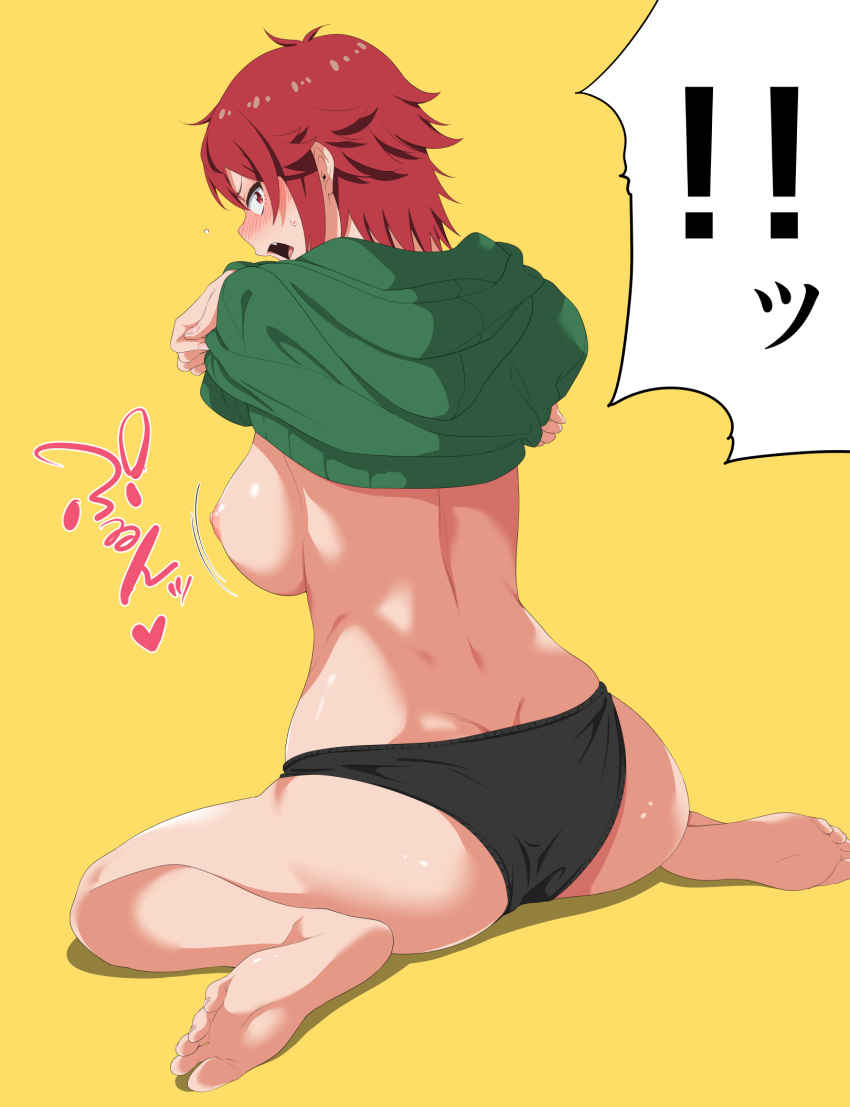 ! !! 1girl aizawa_tomo ass barefoot black_panties blush breasts clothes_pull fang feet futamine_kobito highres hood hooded_sweater large_breasts looking_at_viewer looking_back nipples open_mouth panties red_eyes red_hair short_hair sitting solo sweat sweater sweater_pull tomo-chan_wa_onna_no_ko underwear wariza yellow_background