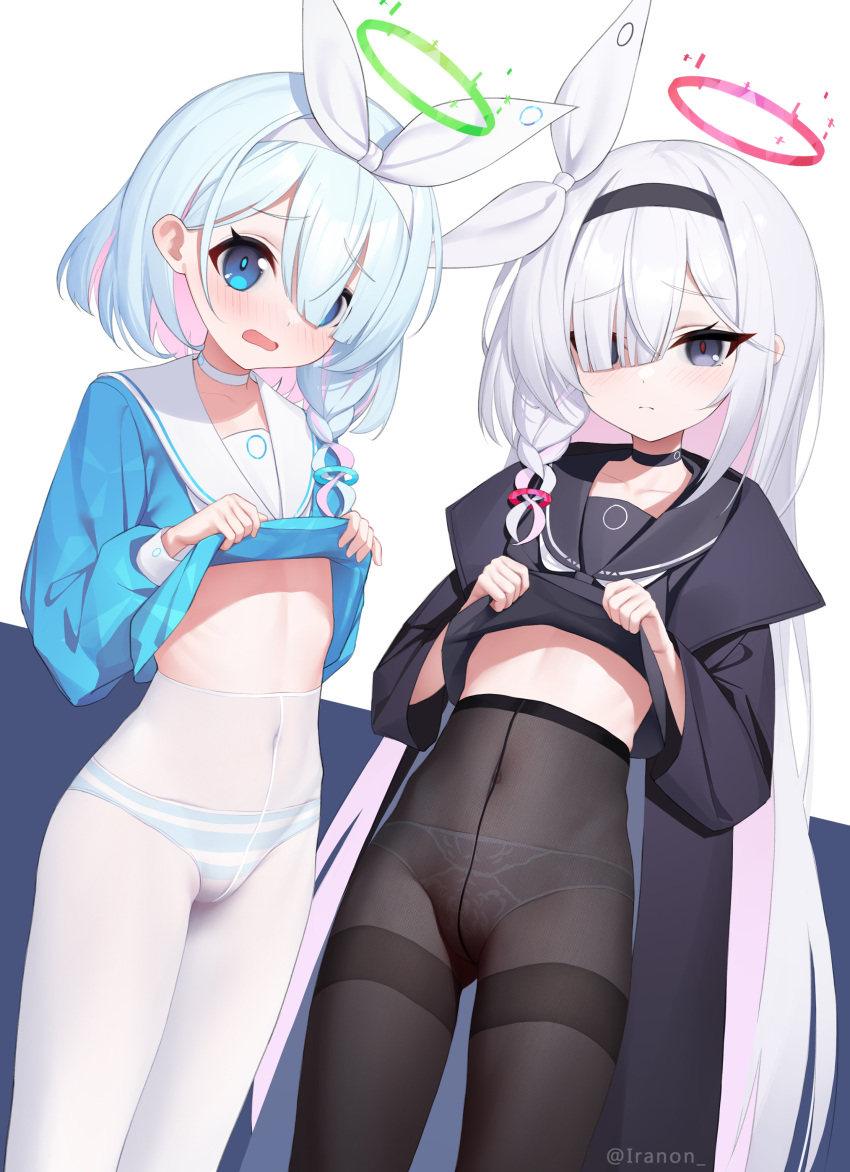 2girls a.r.o.n.a_(blue_archive) absurdres arona_(blue_archive) ass_visible_through_thighs bangs black_choker black_eyes black_hairband black_pantyhose black_sailor_collar black_serafuku black_shirt blue_archive blue_background blue_eyes blue_hair blue_shirt blush bow bow_hairband braid choker closed_mouth clothes_lift colored_inner_hair commentary_request covered_navel cowboy_shot crotch_seam embarrassed hair_bow hair_over_one_eye hairband halo highres holding iranon_(new_iranon) lifted_by_self light_blue_hair long_hair long_sleeves looking_at_viewer multicolored_hair multiple_girls nose_blush open_mouth paid_reward_available panties panties_under_pantyhose pantyhose pink_hair raised_eyebrows ribs sailor_collar school_uniform see-through see-through_legwear serafuku shirt shirt_lift short_braid short_hair side_braid sidelocks simple_background single_braid striped striped_panties thighband_pantyhose thighs twitter_username two-tone_background underwear very_long_hair white_background white_bow white_choker white_hair white_hairband white_panties white_pantyhose white_sailor_collar