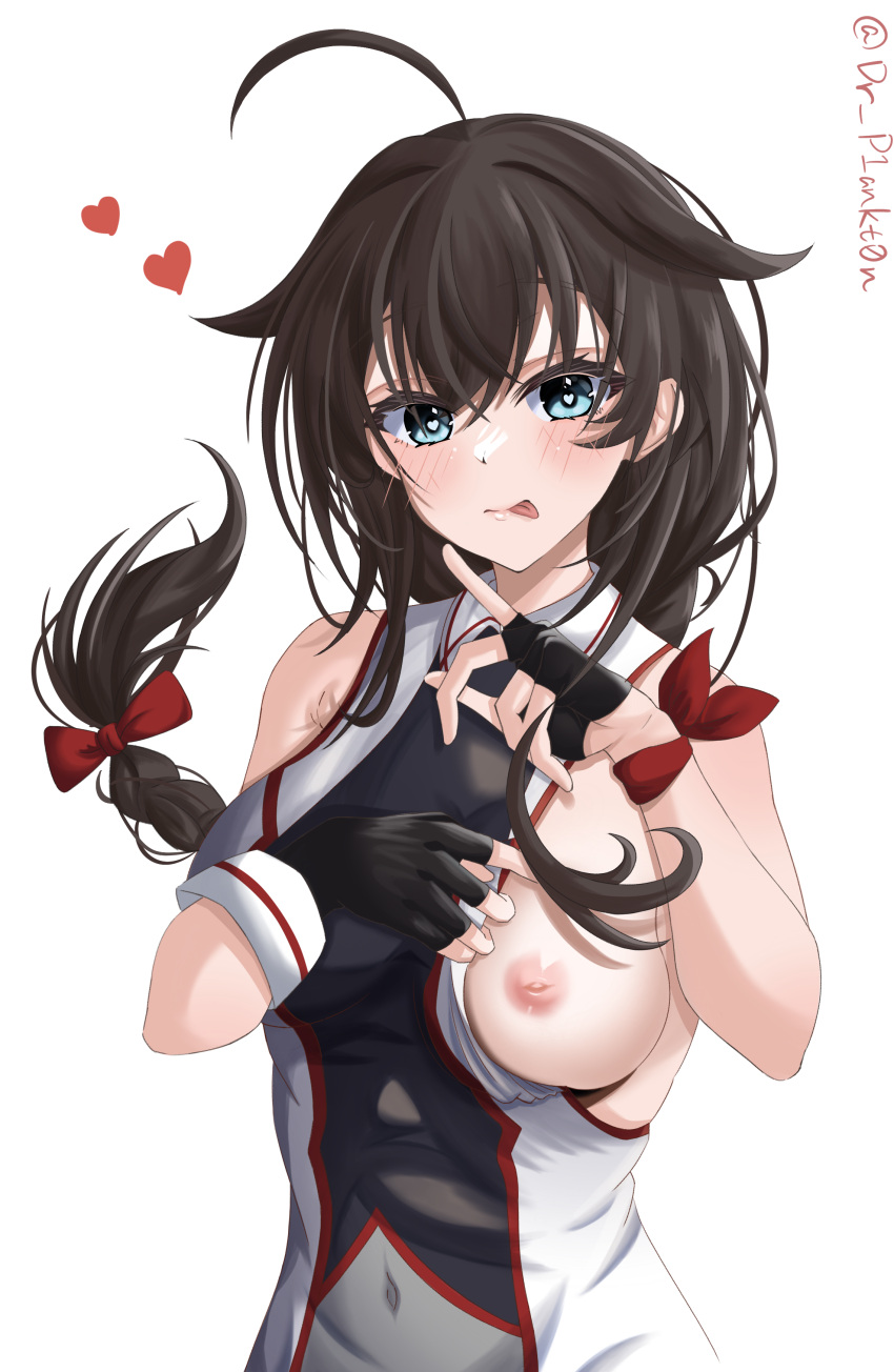 1girl absurdres black_gloves black_hair blue_eyes blush braid breasts closed_mouth dr.plankton fingerless_gloves gloves hair_over_shoulder hair_ribbon heart heart_in_eye highres kantai_collection large_breasts long_hair looking_at_viewer navel nipples nude red_ribbon ribbon shigure_(kancolle) shigure_kai_san_(kancolle) shirt single_braid sleeveless sleeveless_shirt smile solo symbol_in_eye white_background