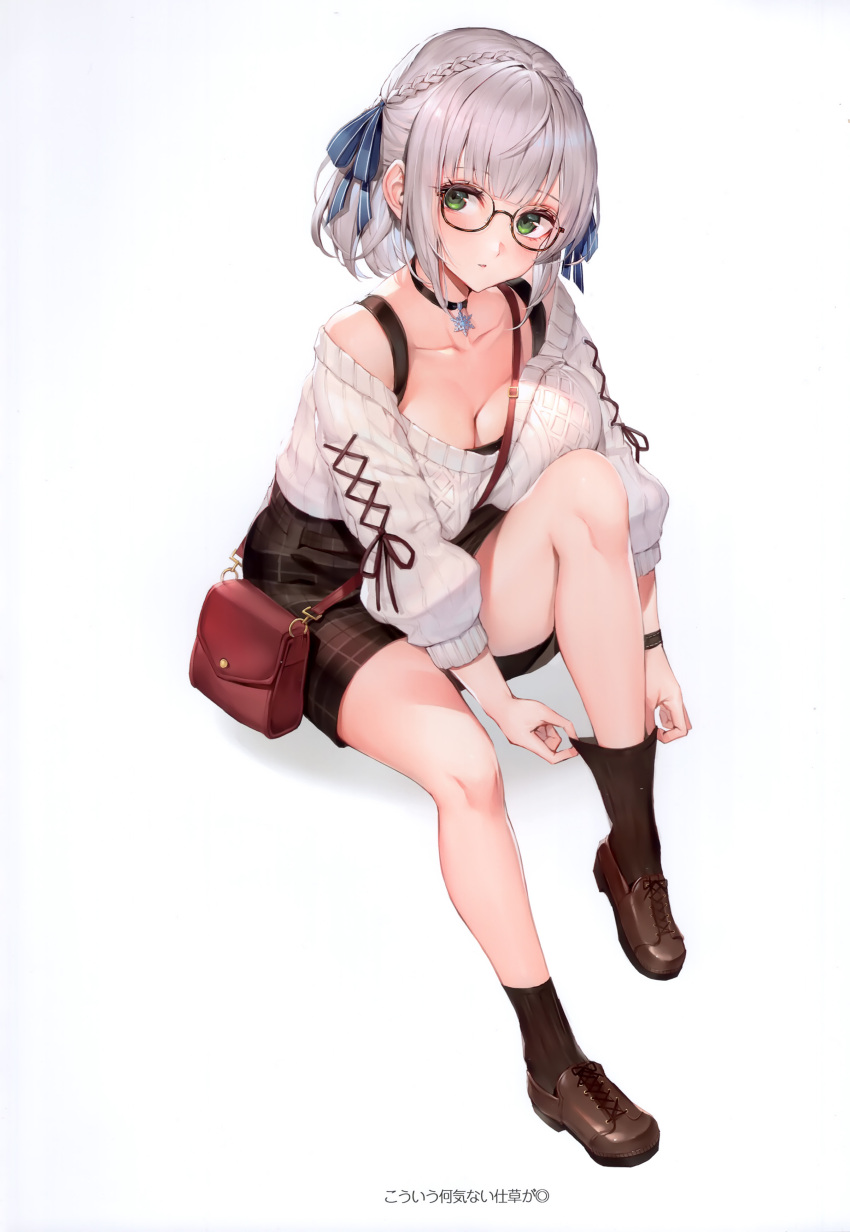 1girl absurdres adjusting_clothes adjusting_legwear bag braid breast_press breasts choker cleavage collarbone full_body glasses green_eyes grey_hair highres hololive large_breasts looking_at_viewer parted_lips scan shadow shirogane_noel shoes simple_background sitting skirt socks virtual_youtuber watao white_background
