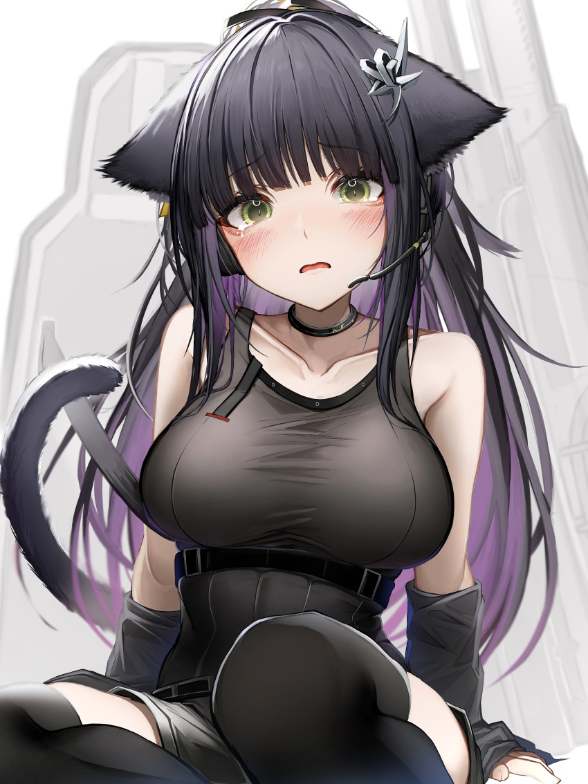 1girl absurdres animal_ears arknights black_hair black_shorts black_thighhighs blush breasts cat_ears cat_tail green_eyes hair_ornament headset highres implied_extra_ears jessica_(arknights) jessica_the_liberated_(arknights) large_breasts long_hair looking_at_viewer official_alternate_costume open_mouth purple_hair shield shorts sidelocks simple_background solo tab_head tail tearing_up thighhighs white_background