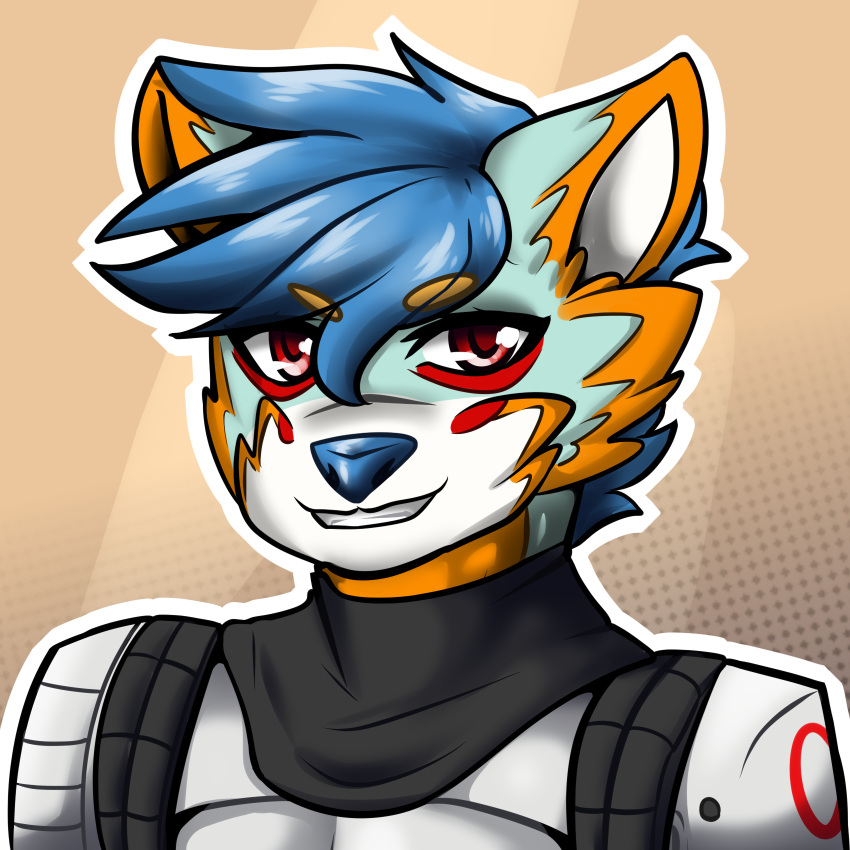 anthro arctic_wolf armor black_armor blue_hair canid canine canis falcon_woodwere fur grinning_at_viewer hair hi_res looking_at_viewer male mammal multicolored_body multicolored_fur red_eyes solo titanfall titanfall_2 unknown_artist white_armor wolf