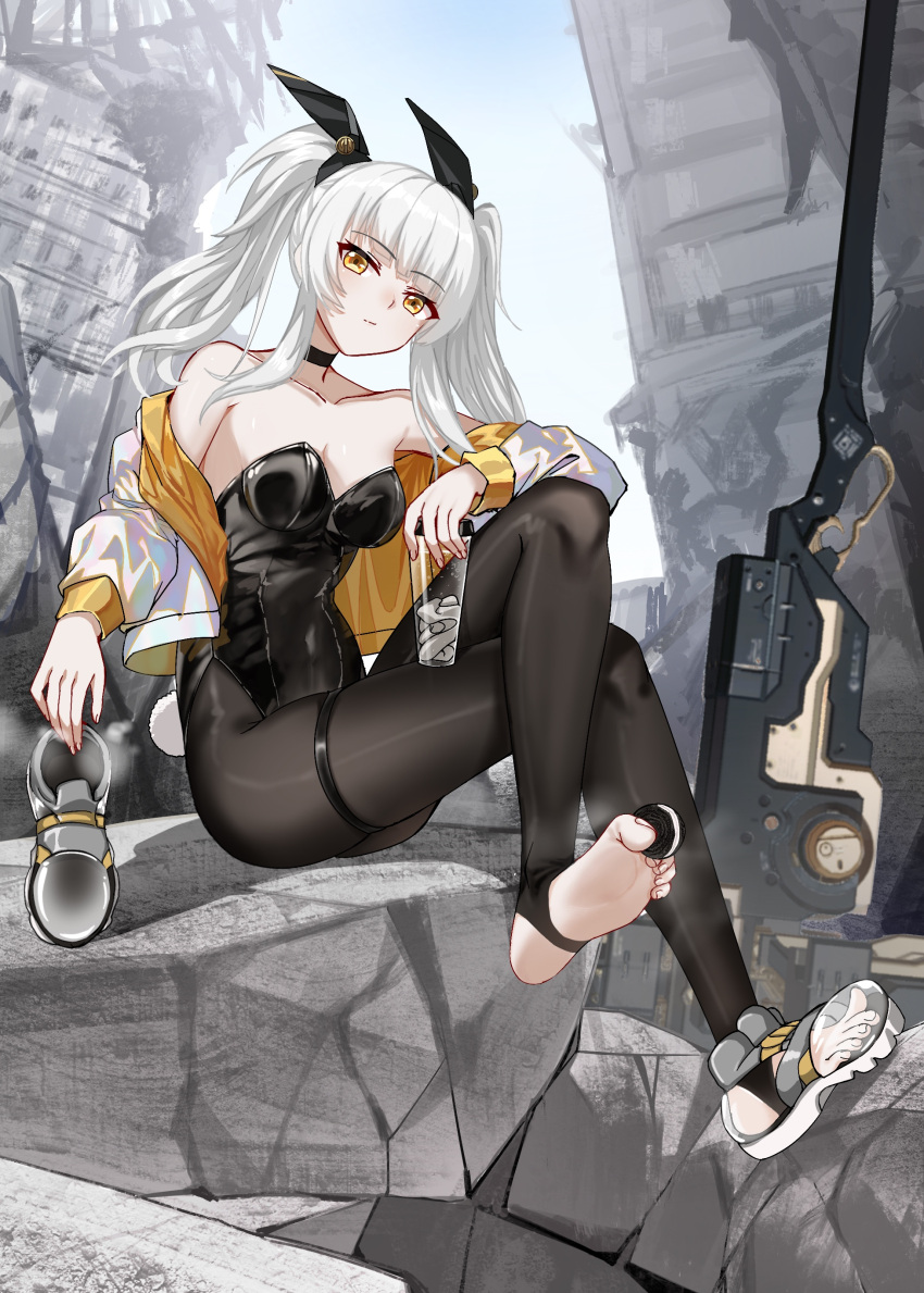 1girl absurdres cang_se_ye_hua closed_mouth cup feet food hair_ornament highres holding holding_cup holding_food holding_shoes jacket karenina_(punishing:_gray_raven) looking_at_viewer medium_hair pantyhose playboy_bunny punishing:_gray_raven rubble shoes smoke soles solo toes twintails white_hair yellow_eyes yellow_jacket