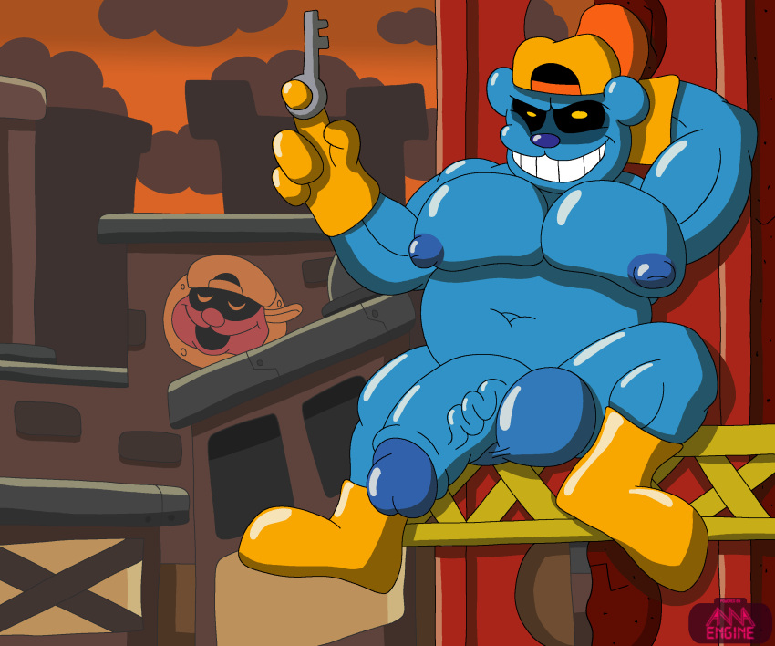 absurd_res annaengine anthro backwards_hat balls bear belly biceps big_penis black_eyes blue_body blue_nipples boots building candy chimney chubby_male city city_background cityscape clothed clothing cloud construction_site dessert detailed_background digital_drawing_(artwork) digital_media_(artwork) flaccid food food_creature footwear foreskin genitals gloves grin gummy_(food) gummy_bear_(food) hand_behind_head handwear hat headgear headwear hi_res holding_object humanoid_genitalia humanoid_penis key looking_at_viewer male mammal muscular muscular_male navel nipples orange_sky outside partially_clothed pecs penis pizza_tower public retracted_foreskin rudy_(sugary_spire) signature sitting sky slightly_chubby smile solo spread_legs spreading steel_beam sugary_spire teeth ursine vein veiny_penis yellow_clothing yellow_sclera