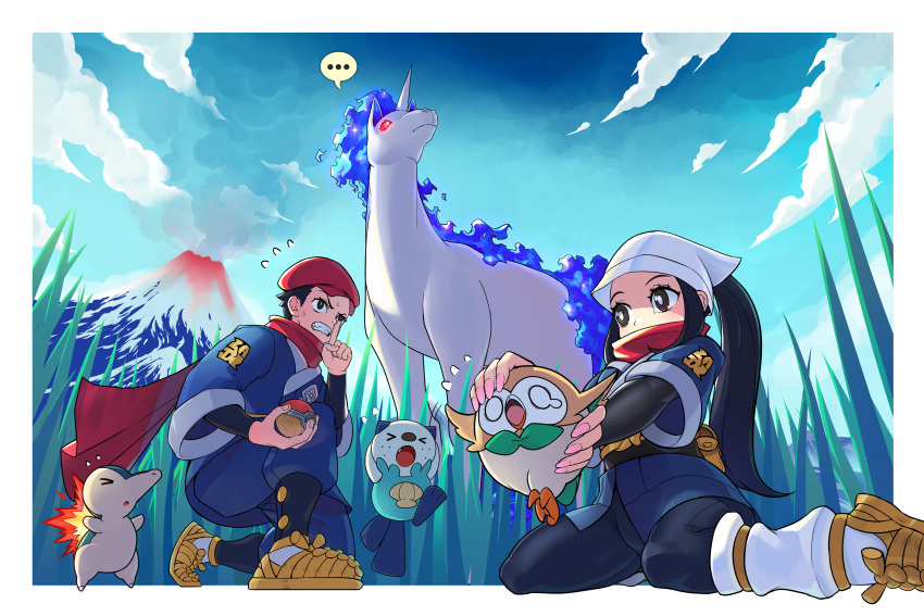 ... 1boy 1girl absurdres akari_(pokemon) alternate_color bandana black_hair border bright_pupils brown_eyes clenched_teeth cyndaquil finger_to_mouth galaxy_expedition_team_survey_corps_uniform hat highres holding holding_poke_ball holding_pokemon kneeling long_hair mountain oshawott outdoors poke_ball poke_ball_(legends) pokemon pokemon_(creature) pokemon_(game) pokemon_legends:_arceus ponytail poppinmonkey rapidash red_headwear red_scarf rei_(pokemon) rowlet scarf scarf_over_mouth shiny_pokemon short_hair shushing spoken_ellipsis teeth white_bandana white_border white_pupils