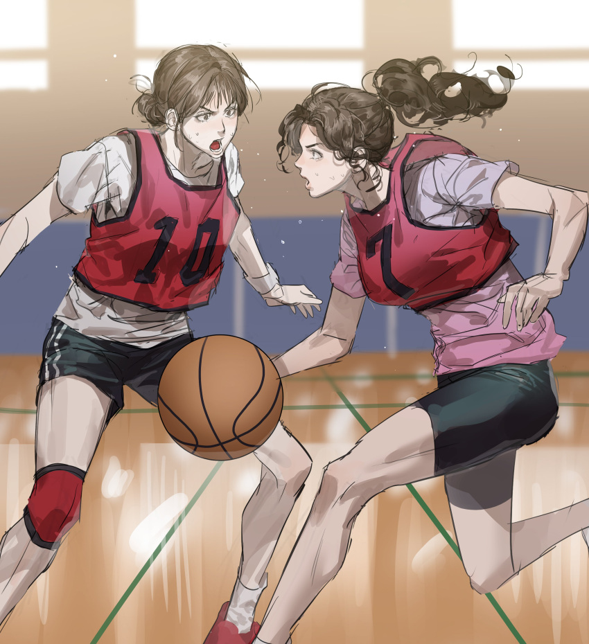 2girls absurdres akagi_haruko ayako_(slam_dunk) ball basketball_(object) basketball_jersey basketball_uniform black_shorts breasts brown_hair chamuring dribbling_(basketball) eye_contact flying_sweatdrops gradient_shirt hair_bun highres holding holding_ball indoors knee_brace layered_clothes looking_at_another medium_breasts multiple_girls open_mouth playing_sports ponytail red_tank_top shirt shorts slam_dunk_(series) sportswear tank_top wavy_hair white_shirt