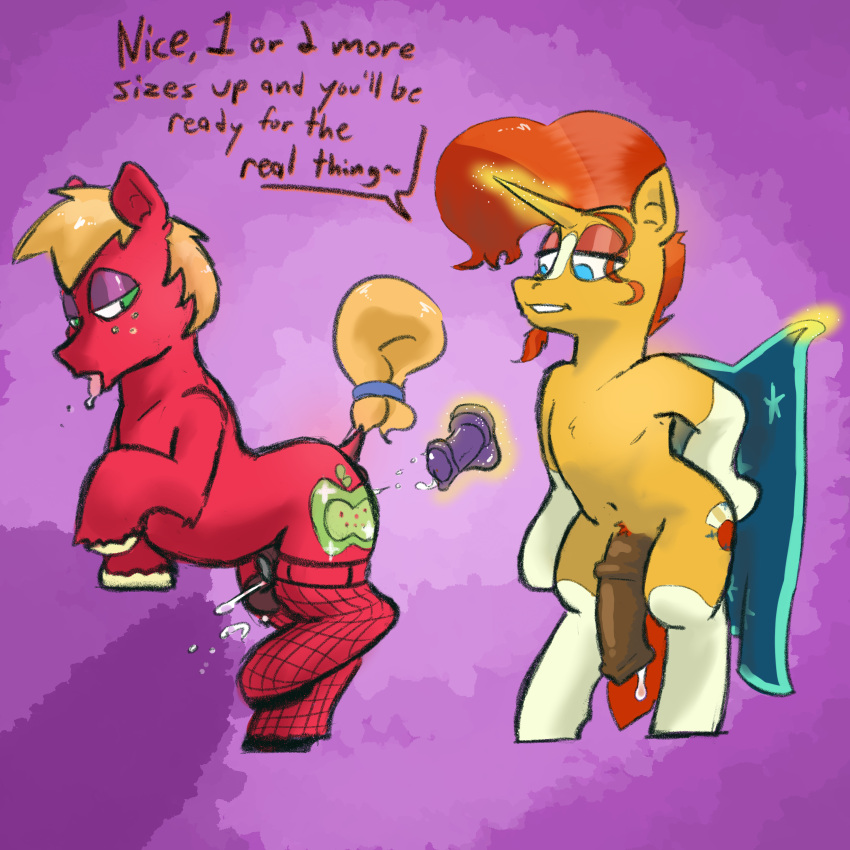 absurd_res animal_dildo animal_genitalia animal_penis animal_sex_toy balls big_macintosh_(mlp) blue_eyes bodily_fluids cape chastity_cage chastity_device chest_tuft clothed clothing crossdressing cum cumshot cutie_mark digital_media_(artwork) dildo dock duo earth_pony ejaculation equid equine equine_dildo equine_genitalia equine_penis eyeshadow feral fishnet fishnet_legwear freckles friendship_is_magic fumalunga fur genital_fluids genitals glowing glowing_horn green_eyes hasbro hi_res hooves horn horse legwear magic makeup male male/male mammal my_little_pony navel orange_body orange_fur penis pony pubes purple_eyeshadow raised_tail red_body red_fur saliva semi-anthro sex_toy standing sunburst_(mlp) tail telekinesis tongue tongue_out tuft unicorn