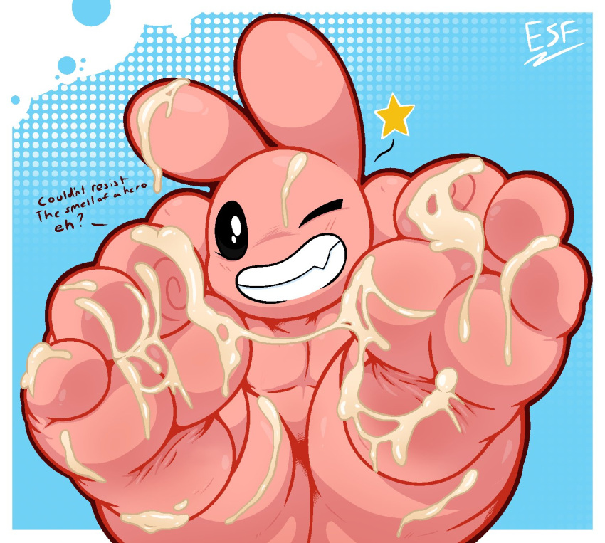 3_toes anthro bodily_fluids bunny_maloney bunny_maloney_(character) cum cum_on_feet electricsnowfox feet feet_up foot_focus genital_fluids hi_res lagomorph leporid looking_at_viewer male mammal nude pink_body rabbit soles solo toes