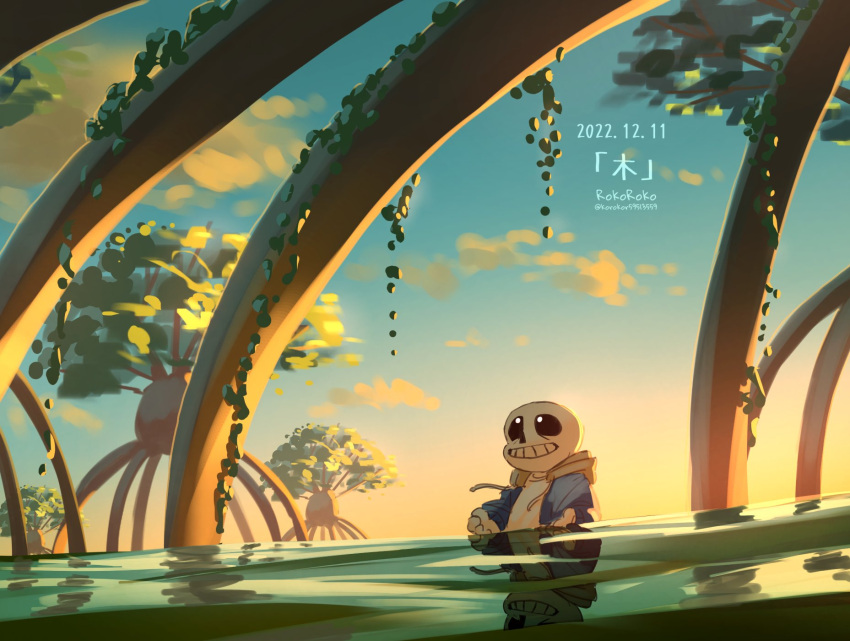 1boy artist_name blue_jacket cloud dated highres hood hood_down hooded_jacket jacket korokor59513559 male_focus open_clothes open_jacket outdoors partially_submerged reflection reflective_water sans shirt skeleton sky solo sunset teeth tree twitter_username undertale water white_shirt