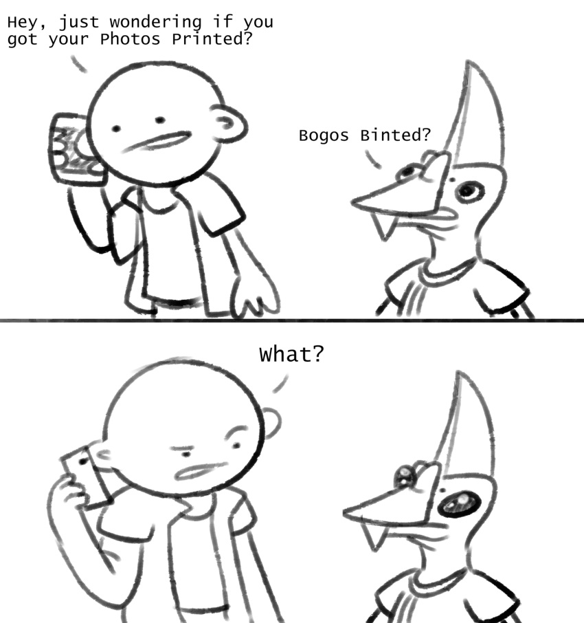 anon_(snoot_game) anthro bald black_and_white black_eyes bogos_binted cellphone comic duo english_text eye_changing hi_res human male mammal monochrome no_pupils nrool phone pterodactylus pterosaur reptile scalie smartphone snoot_game text