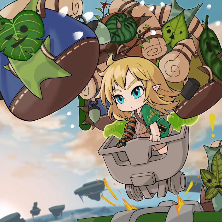 ! 1boy backpack bag blonde_hair blue_eyes blue_sky branch chibi closed_mouth cloud commentary_request day expressionless floating_island full_body gauntlets highres jakomurashi korok leaf link looking_afar medium_hair mine_cart outdoors pointy_ears single_gauntlet sky the_legend_of_zelda the_legend_of_zelda:_tears_of_the_kingdom toga